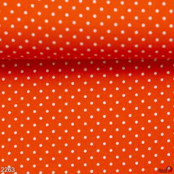 Baumwolle Webware, orange / weiße Punkte 3mm